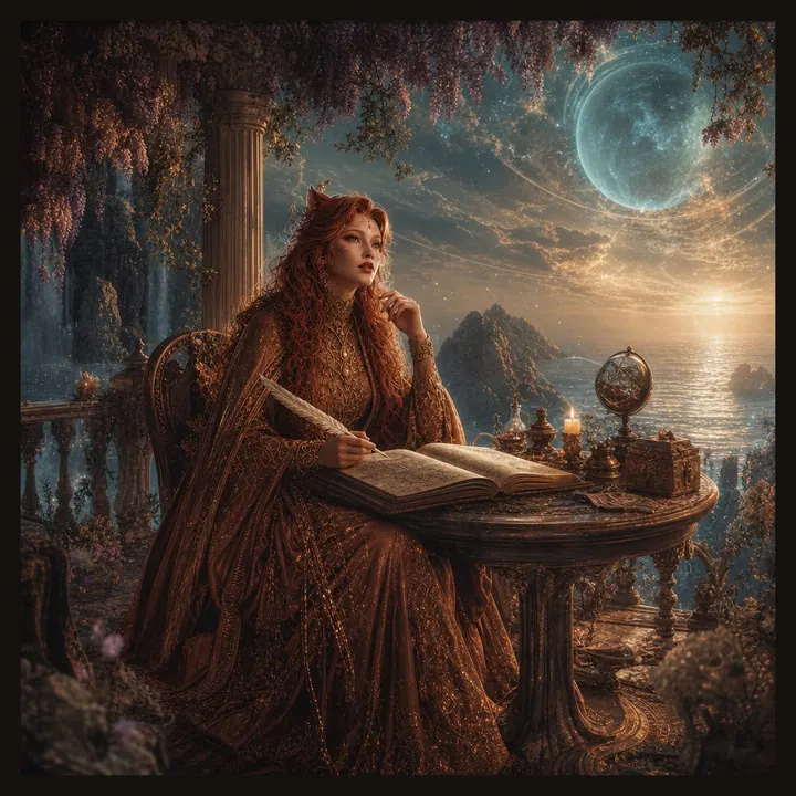 Celestial GAIST artwork showing a figure writing beside the sea beneath a glowing sky