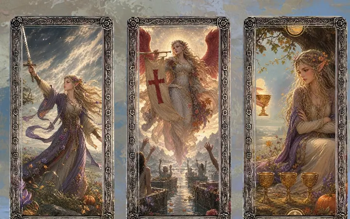 Three coordinated personal tarot cards featuring the Sylvara persona