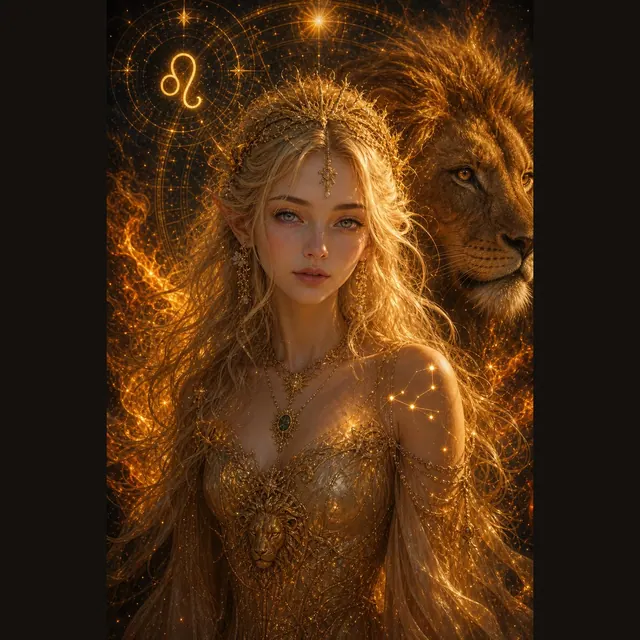 Golden zodiac artwork showing a woman with a lion