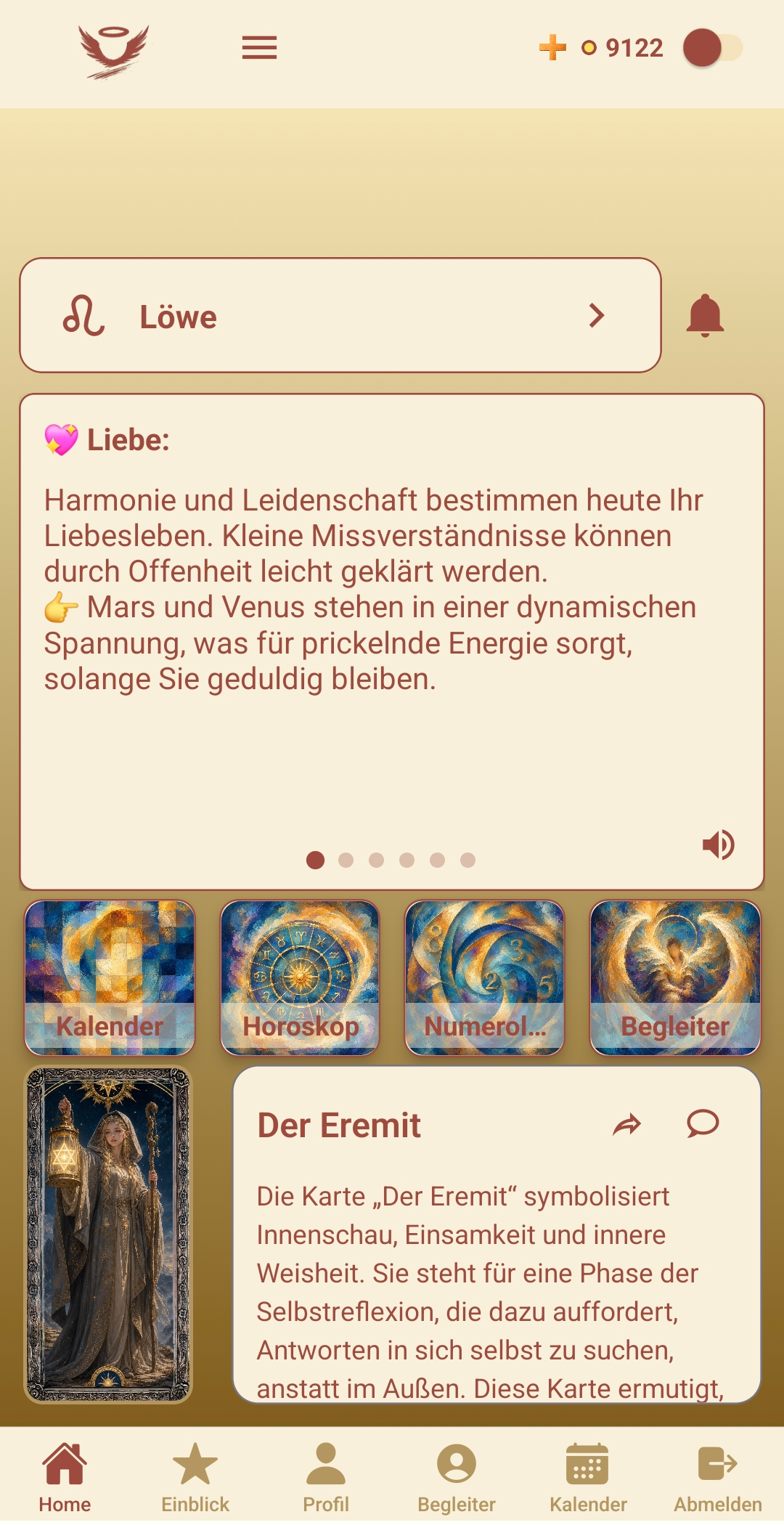 GAIST app — personalized home with daily horoscope, tarot and companion