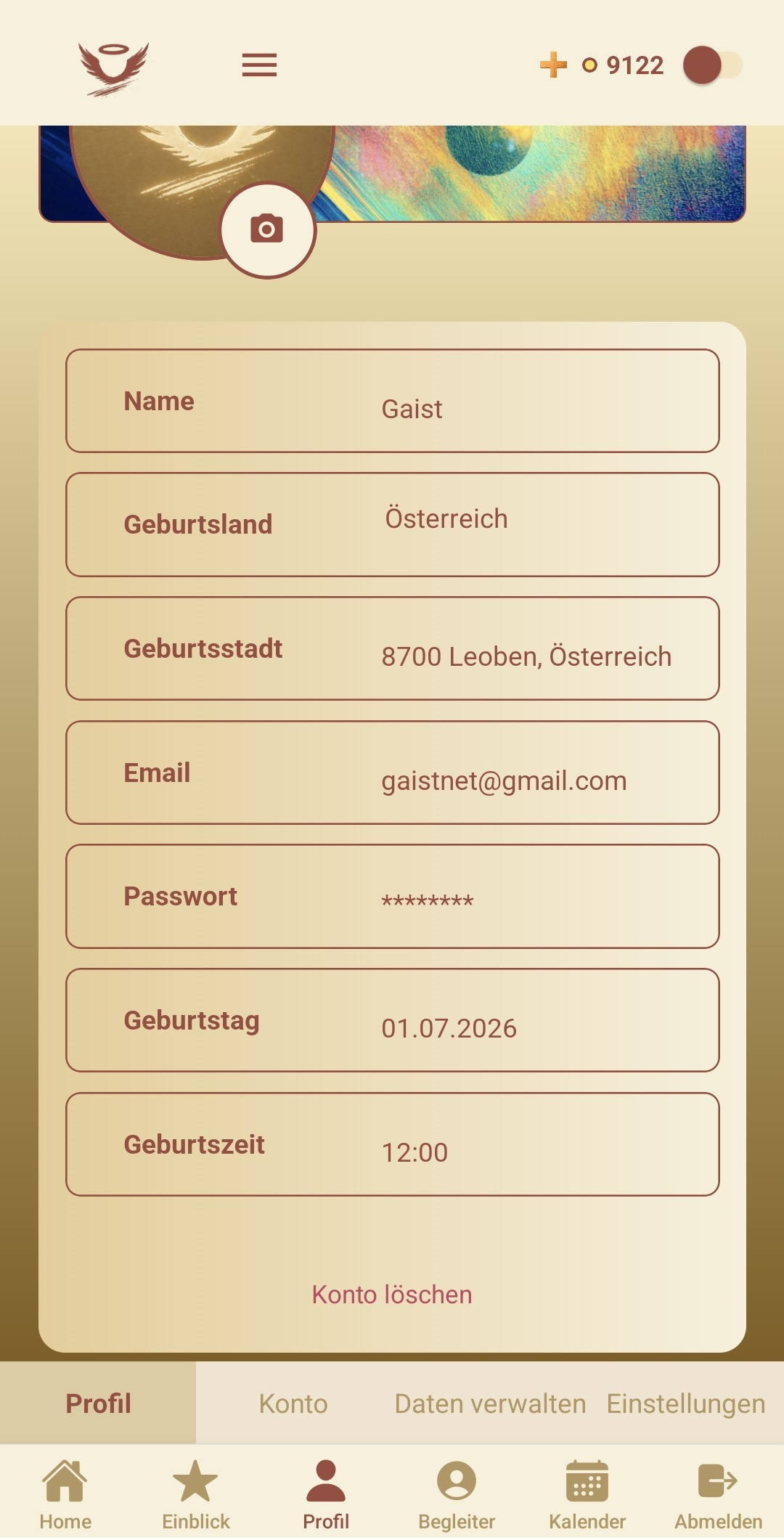 Profile tab in the GAIST app with the Delete Account option at the bottom