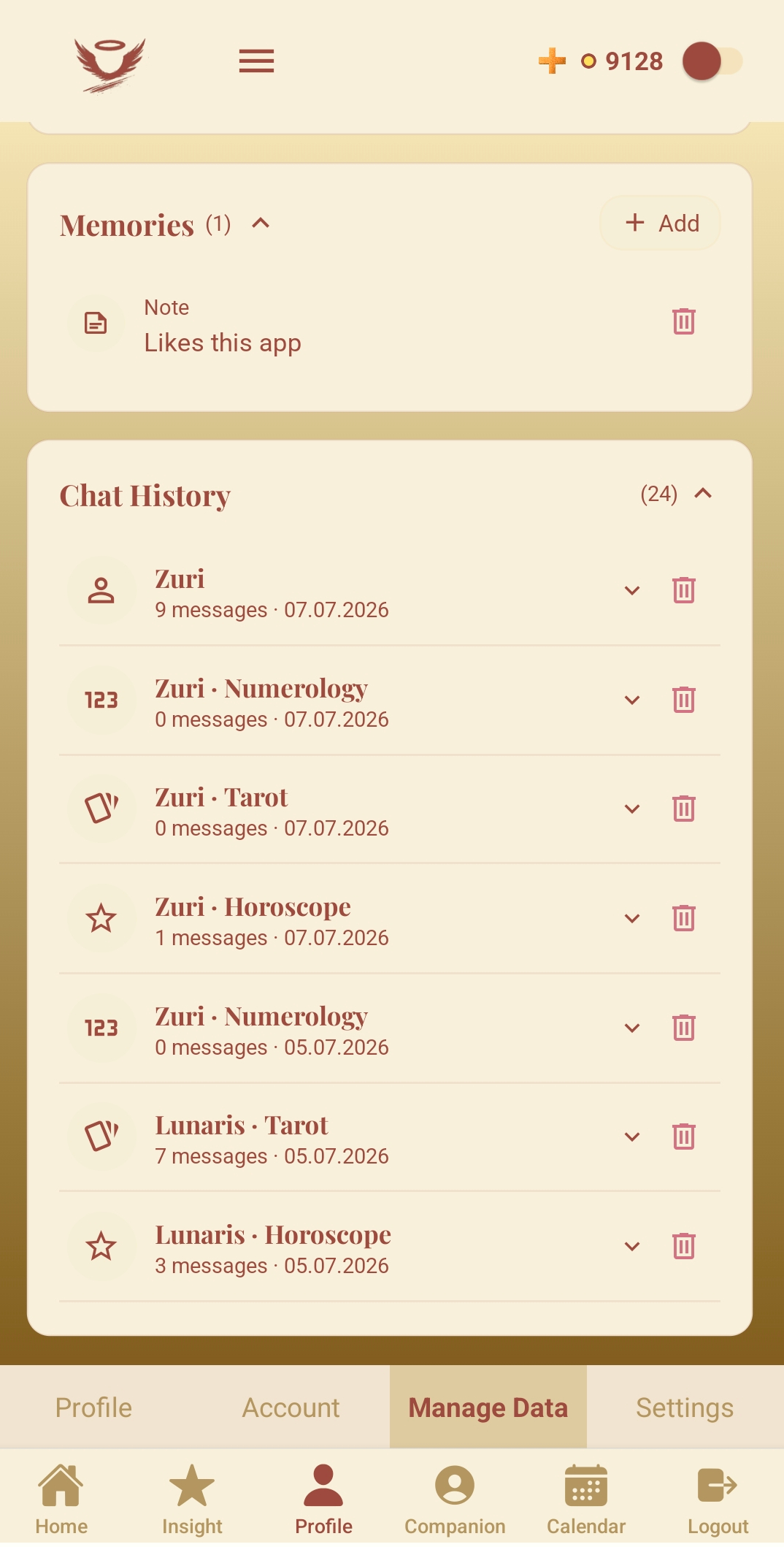 Manage Data tab in the GAIST app showing Memories and Chat History with delete icons